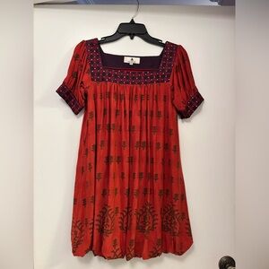 Ritu Kumar Red Bohemian Dress mini short sleeve w embroidery features